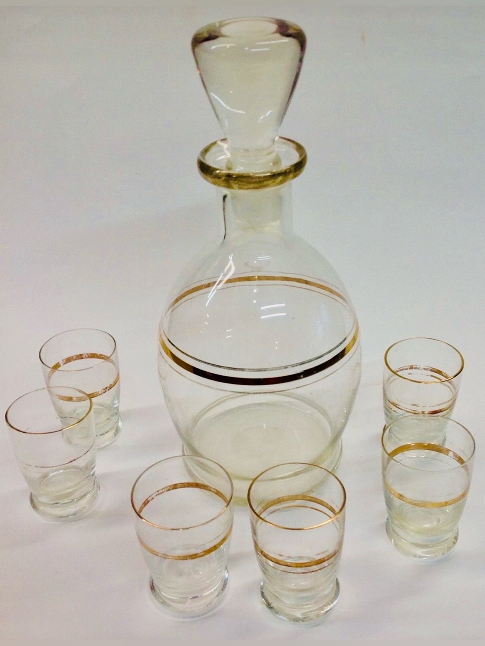 Vintage Slovenian Decanter Bottle and 6 Shot Glasses Clear Glass Gold Trim